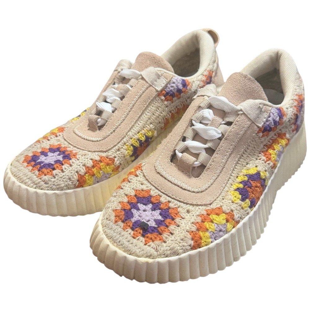 Dolce Vita Dolen Crochet Platform Sneakers Beige Floral Granny Square Size 7